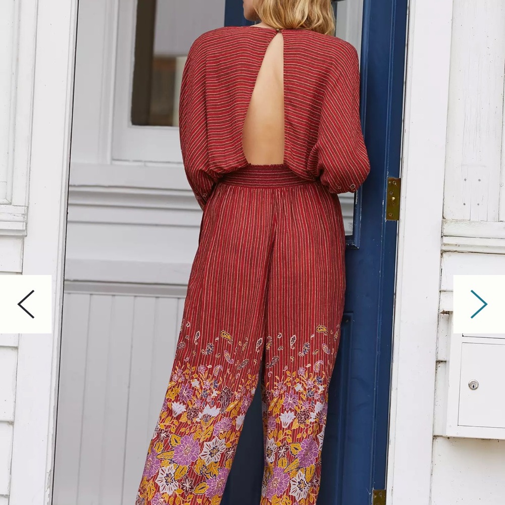 Anthropologie Rust Red bolo Floral open back long sleeved Jumpsuit - Picture 2 of 11
